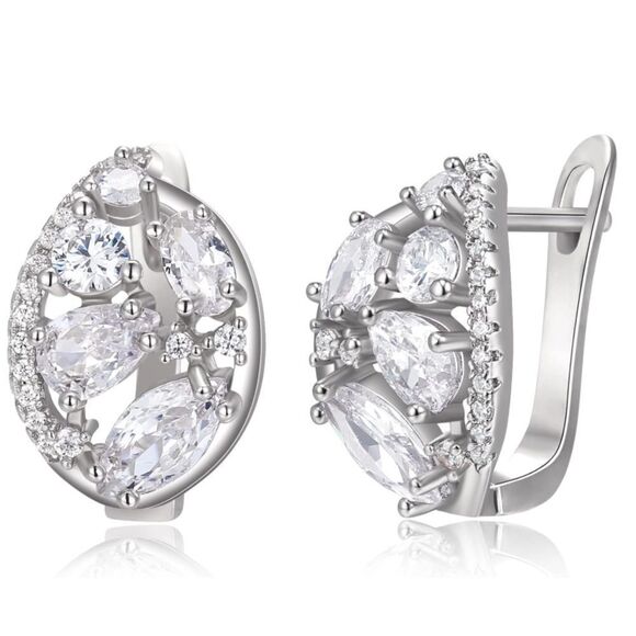 Silver with White Diamond Cubic Zirconia Post French Clip Oval Drop Earrings
